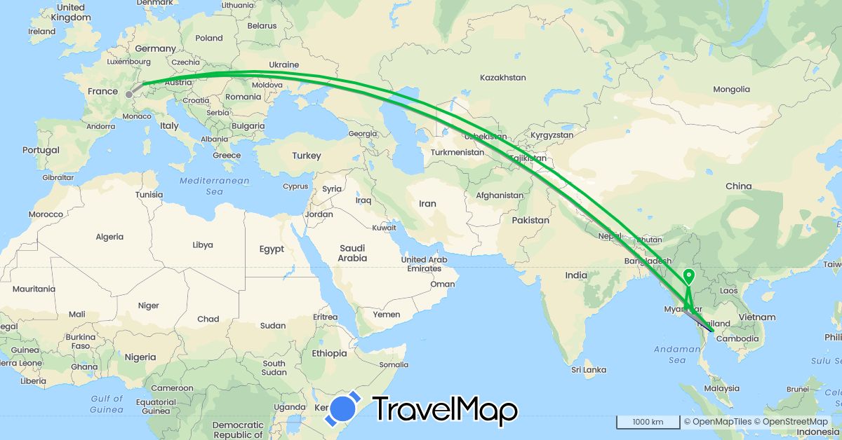 TravelMap itinerary: driving, bus, plane in Switzerland, Myanmar (Burma), Thailand (Asia, Europe)
